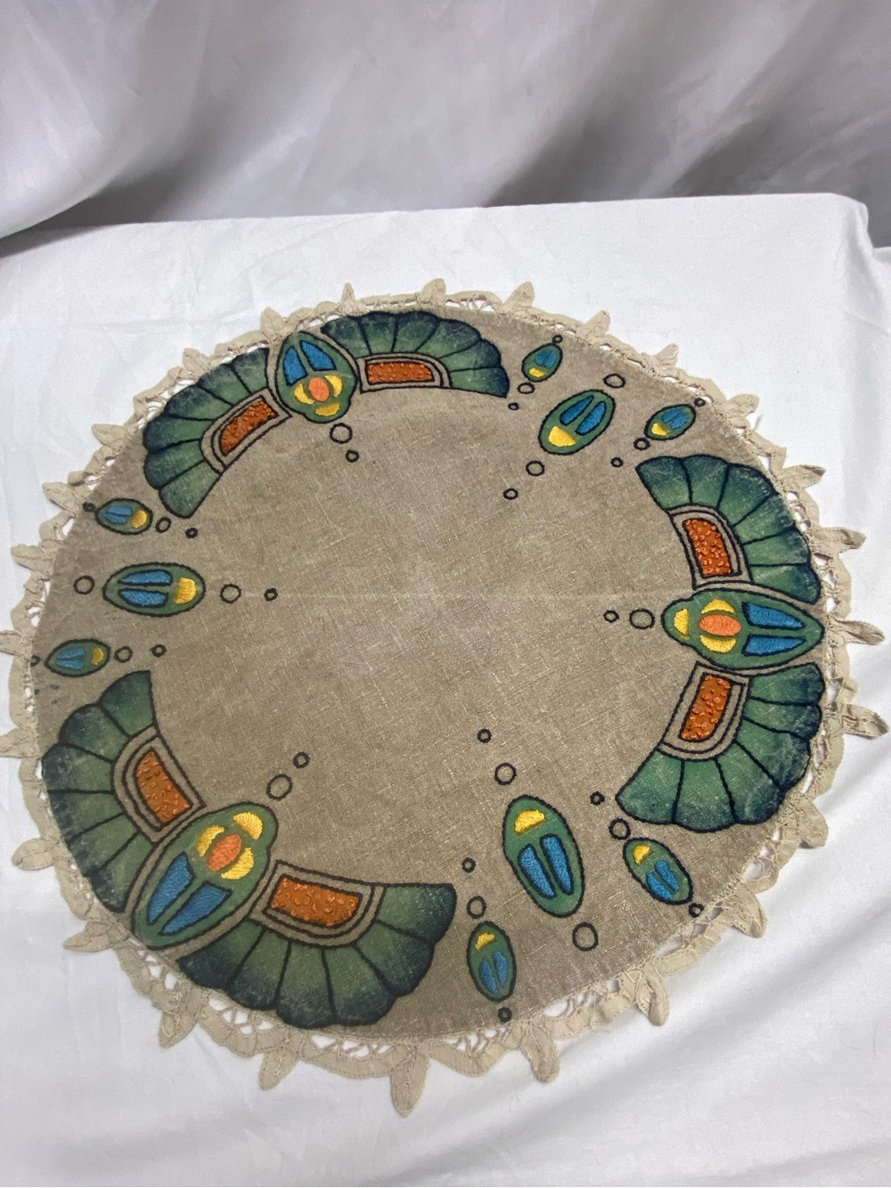 . Egyptian Revival Arts & Crafts Hand Crocheted Lace Linen 18” bird embroidered